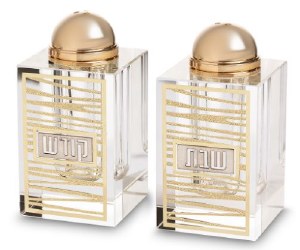 Picture of Crystal Salt and Pepper Shaker Set Laser Cut Stripe Design Metal Plates Gold 2.4" x 1.6"